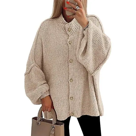 Women's Winter Button Down Cardigan Sweaters Mock Neck Lantern Long Sleeve Chunky Knit Jacket Trendy Outerwear