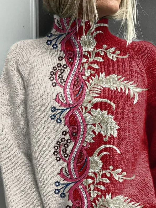 Women's Floral Print Casual Turtleneck Long Sleeve Sweater