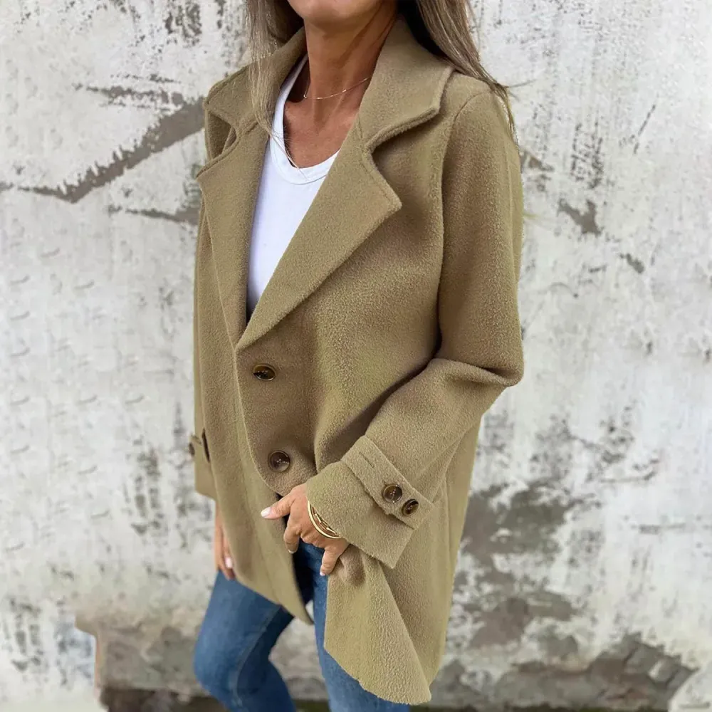 Women Wool Blend Coat 2024 Fall Lapel Single Breasted Mid Length Trench Coat Jacket Open Front Solid Long Sleeve Jacket