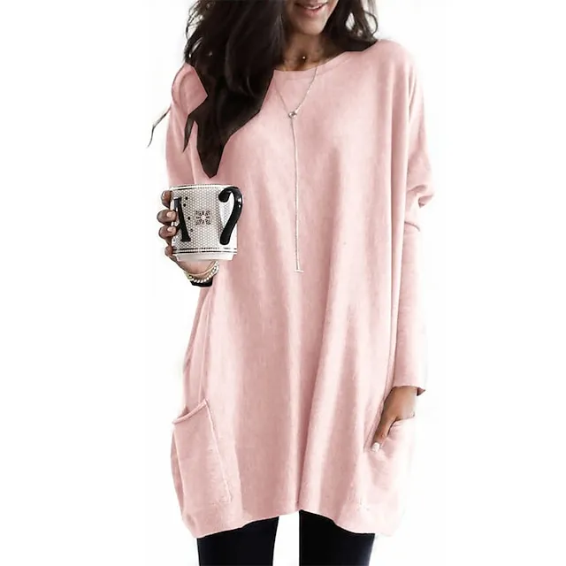 T shirt Tee Women's Wine Red Darkblue Black Solid / Plain Color Patchwork Pocket Street Daily Daily Classic Round Neck Regular Fit S