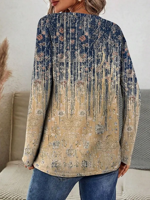 Women's T shirt Long Sleeve Crew Neck Long Sleeve Tunic Ombre Graphic Casual Regular Tops Daily Print Khaki Spring Fall Prefall