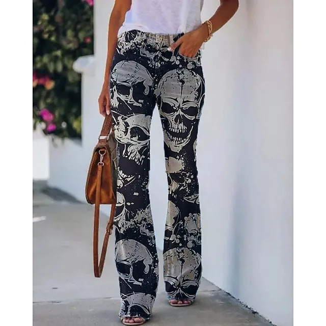 Women's Jeans Flared Pants Bell Bottom Full Length Faux Denim Side Pockets Print Micro-elastic Fashion Halloween Weekend Blue Red & White S M