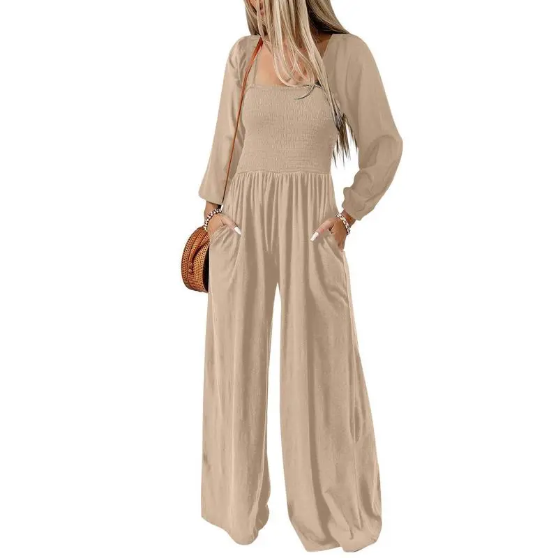 Women's Casual Loose Long Sleeve Wide Leg Jumpsuit with Pockets