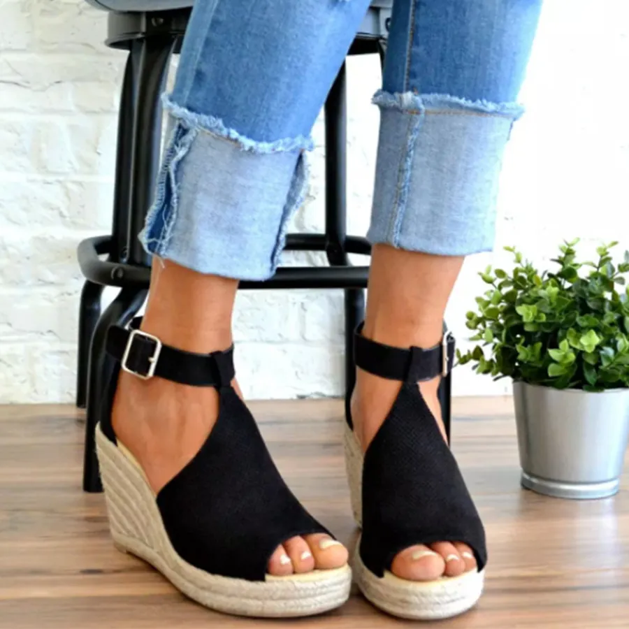 Plain Velvet Peep Toe Date Wedge Sandals