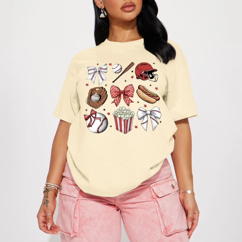 Baseballs, Baseball Bats, Baseball Helmets, Baseball Gloves, Bow Ties, Hot Dogs, Popcorn And Star Combination Patterns, Casual T-Shirts.