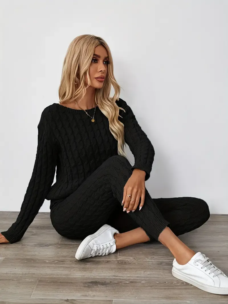 Solid Knitted Matching Two-piece Set, Casual Long Sleeve Sweater & Pants Outfits, Women's Clothing