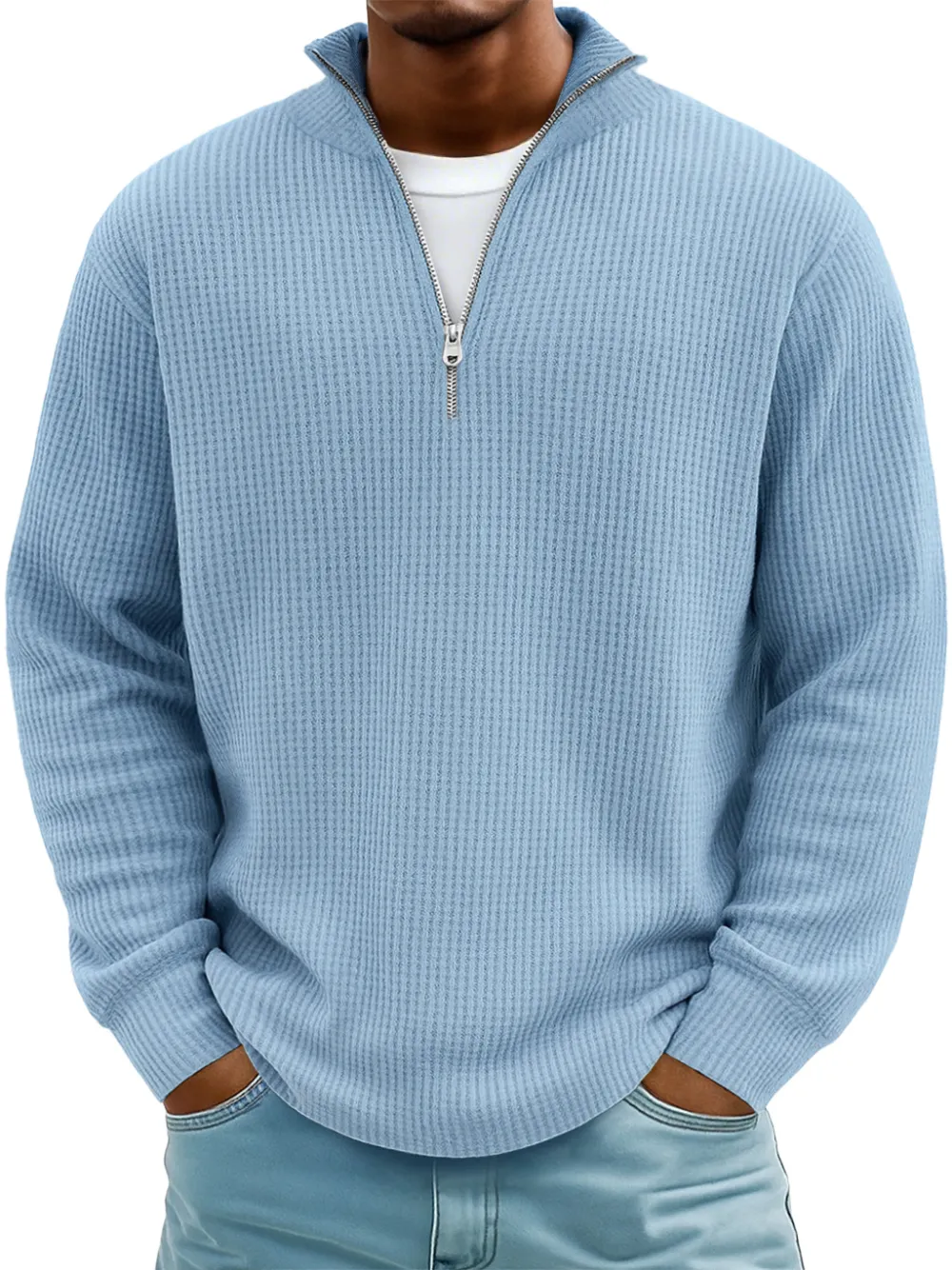 Men's Casual Simple Breathable Fabric Stand Collar Zipper Long Sleeve T-shirt