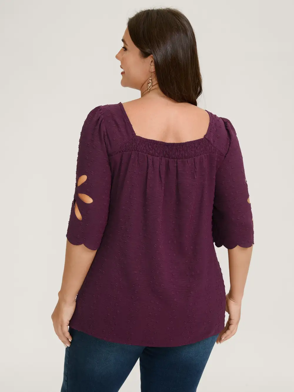 Textured Pleated Neckline Laser Cut Blouse