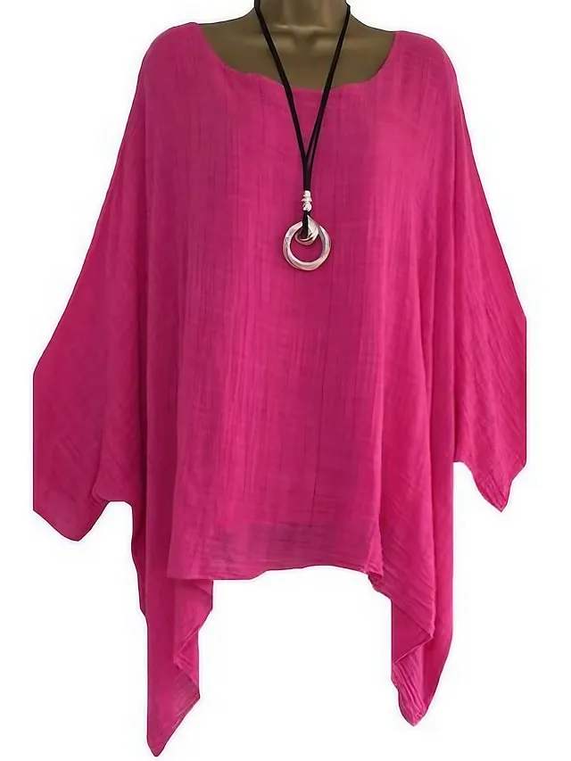 Women's Plus Size Shirt Blouse Black White Pink Plain Asymmetric 3/4 Length Sleeve Daily Vacation Going out Streetwear Daily Casual Boat Neck Regular Fit Spring Fall Fall & Winter