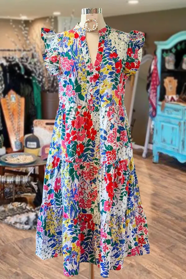 Floral Print V-Neck Ruffle Tier Dress