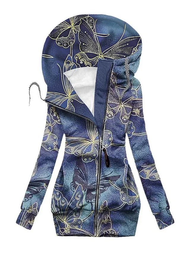 Women's Zip Hoodie Sweatshirt Streetwear Zip Up Black Yellow Light Green Floral Geometric Butterfly Street Casual Hoodie Long Sleeve Top Micro-elastic Fall & Winter