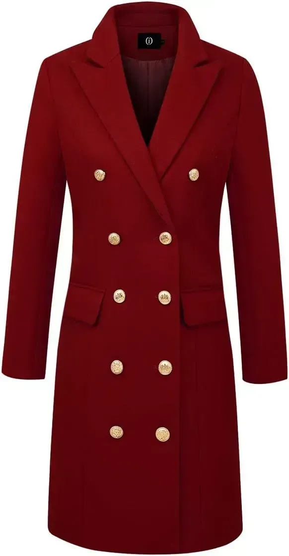 Womens Fall Winter Wool Coats Double Breasted Midi Peacoat Trench Coats