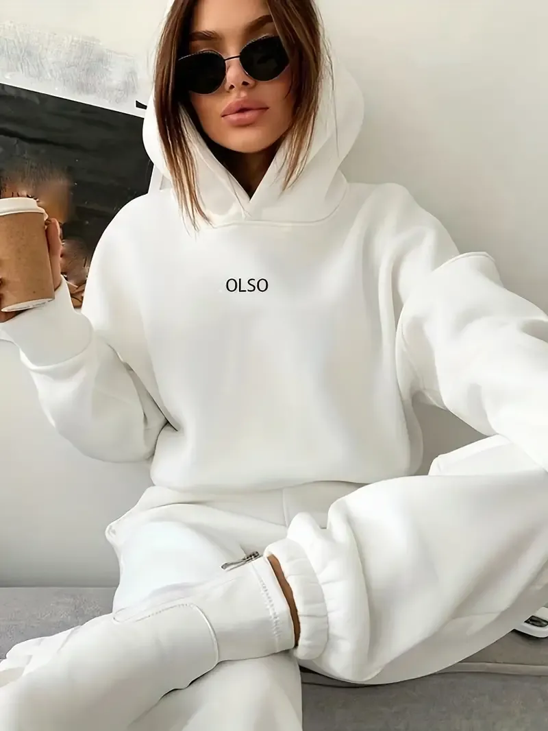 Casual Two-piece Set, Letter Print Long Sleeve Hooded Sweatshirt & Elastic Waist Sweatpants Outfits, Women's Clothing