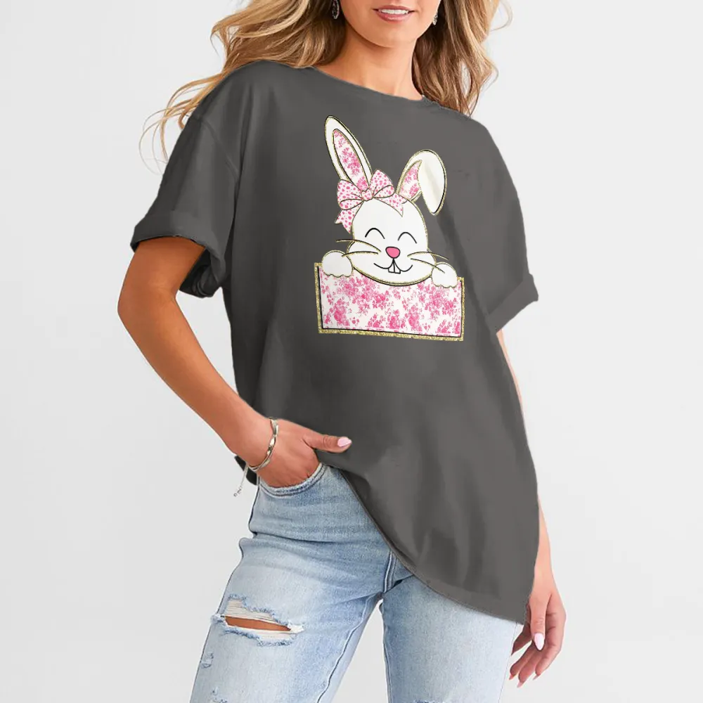 A Cute Cartoon Rabbit Pattern, The Rabbit Is Wearing A Pink Floral Bow, With Its Two Front Paws Resting On A Pink Floral Sign, Casual T-Shirt