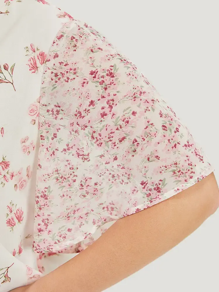 Ditsy Floral Patchwork Frill Trim Tie Neck Blouse