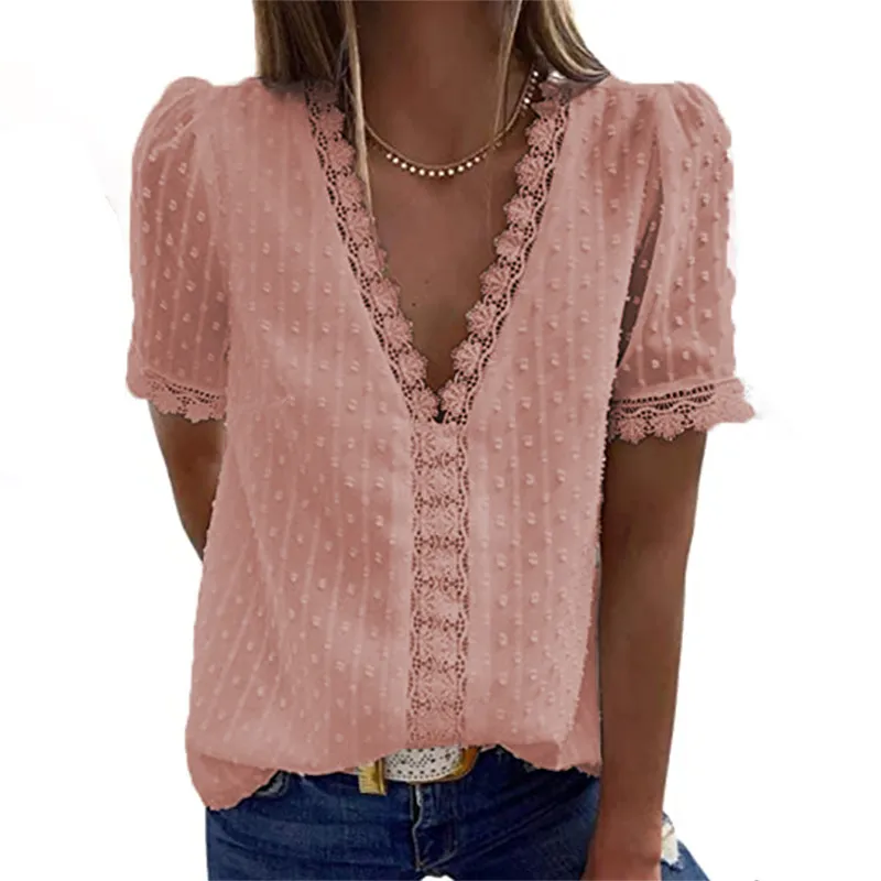 Solid V-Neckline Short Sleeve Blouses