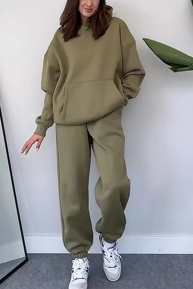 Women's Solid Hooded Sweatshirt and Pants 2-Piece Set