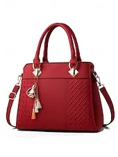 Women's Faux Leather Handbag with Tassel Charm and Textured Panels – Elegant Structured Shoulder Tote Bag for Office Work and Business Travel