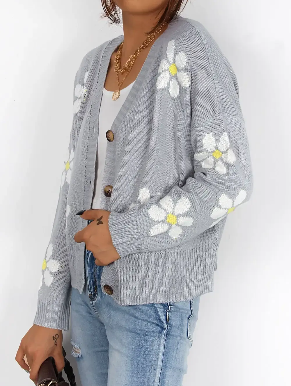 Fall Floral Button Varsity Sweater Jacket