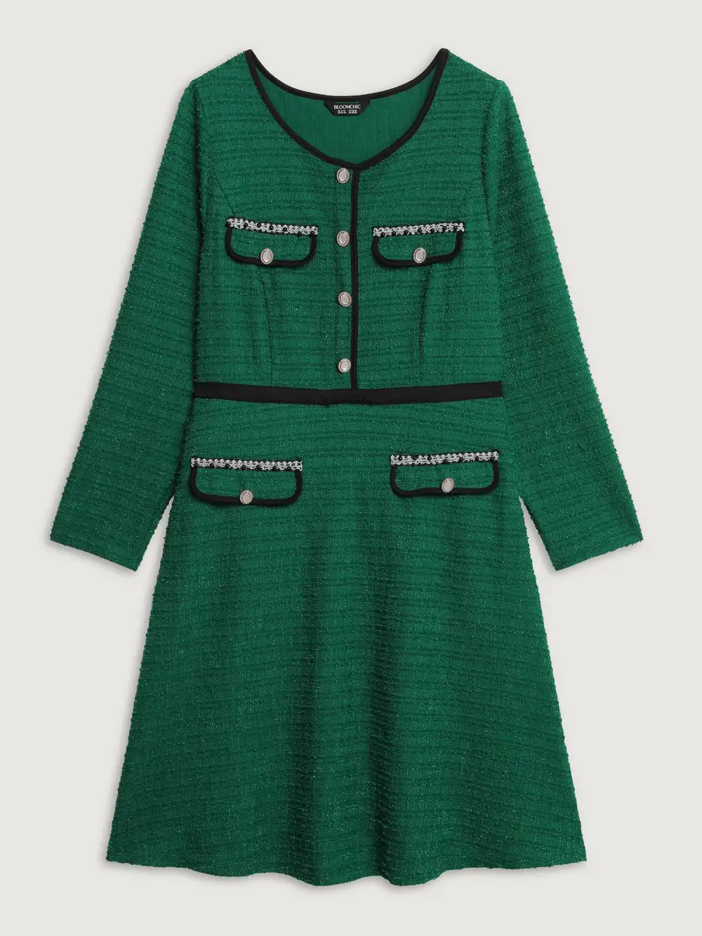 Tweed Stretchy Waist Color Contrast Midi Dress