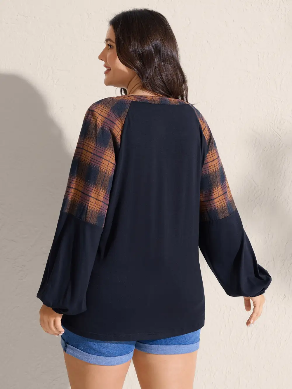 Stretchy Plaid Sleeve Split Neck T-Shirt