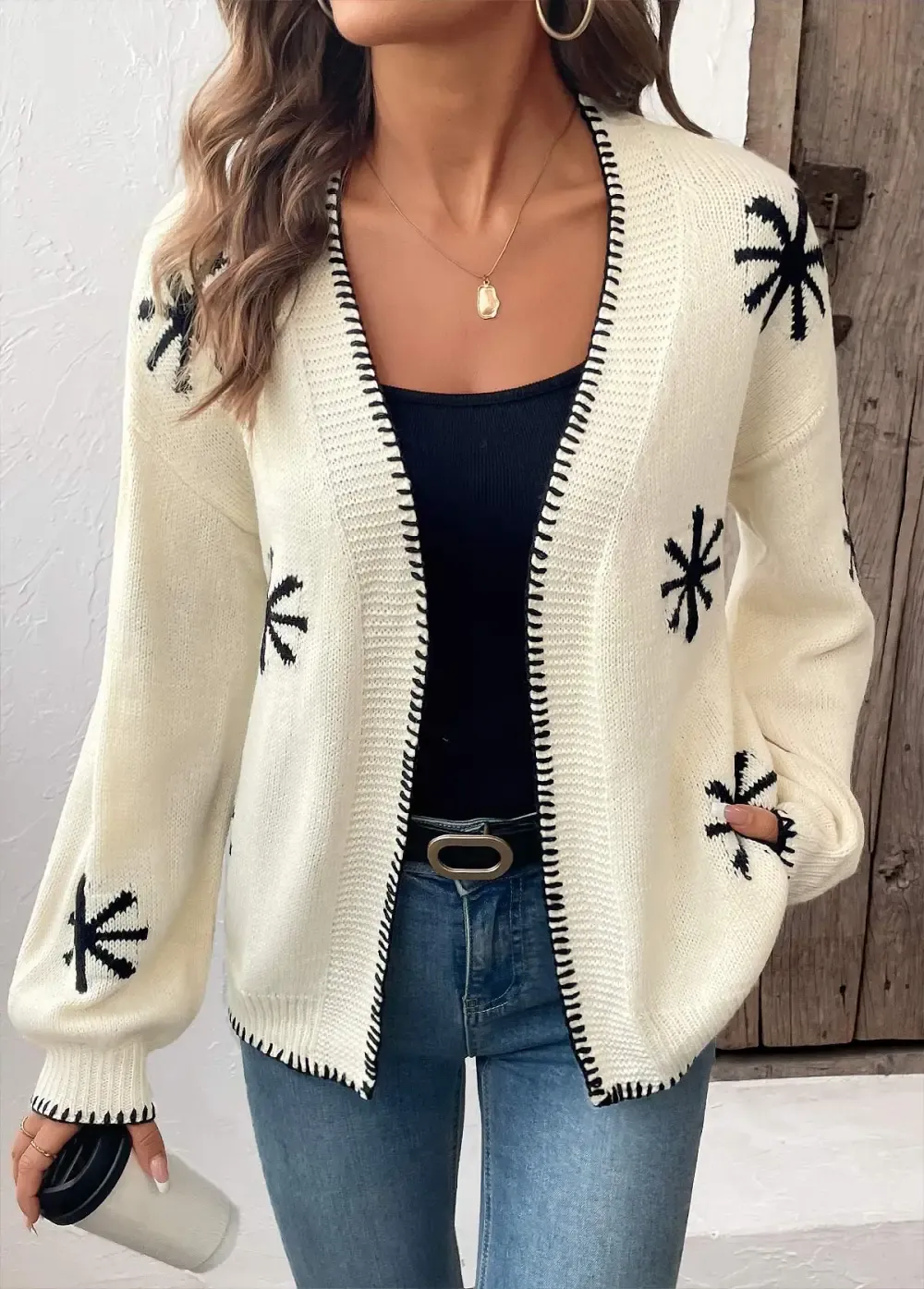 Beige Geometric Print Long Sleeve Cardigan