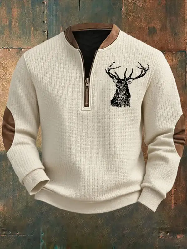 Men's Retro Western Contrast Print Zip-Neck Sweatshirt