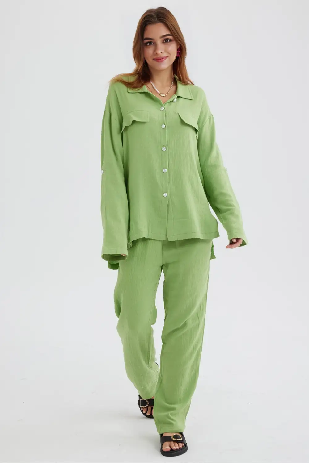 Long Sleeve Pocketed Slit Shirt Long Pants Suits