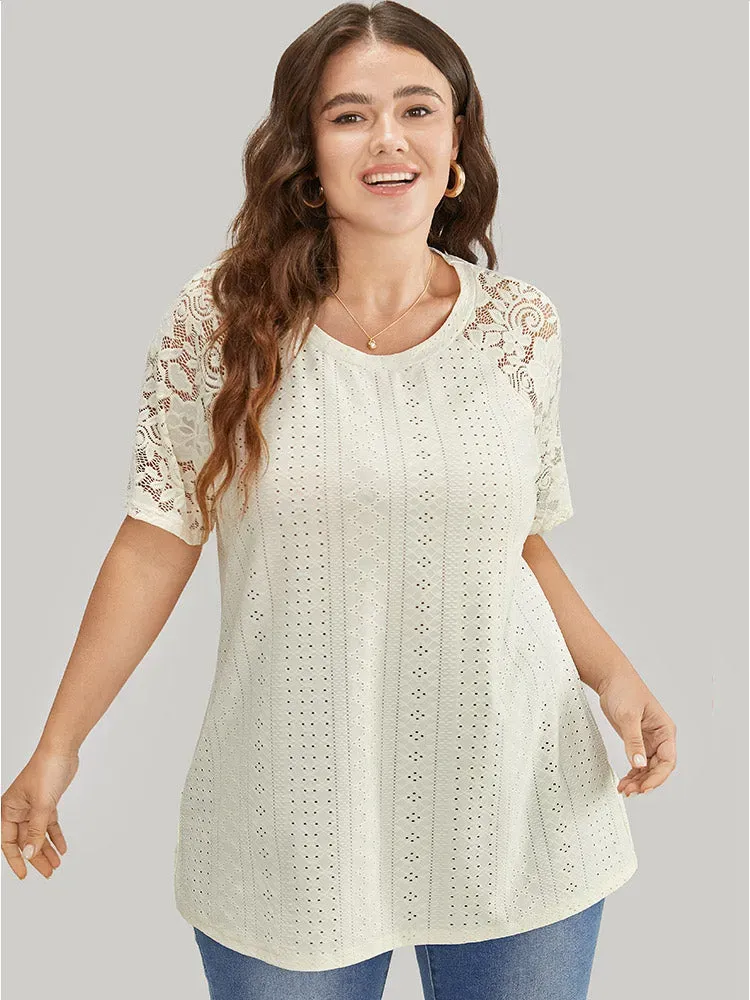 Solid Broderie Anglaise Lace Raglan Sleeve T-shirt