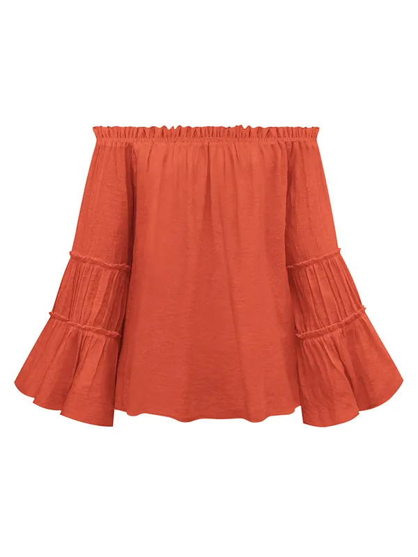 Urban Solid Color Pleated Puff Sleeves Off-The-Shoulder Blouse