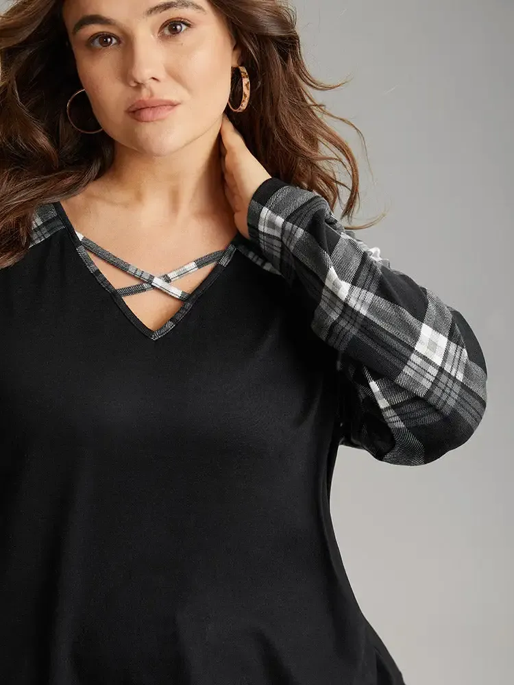 Plaid Patchwork Raglan Sleeve Crisscross T-Shirt