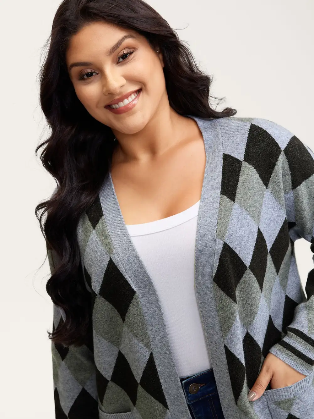 Geometrical Pattern Open-Front Knit Cardigan