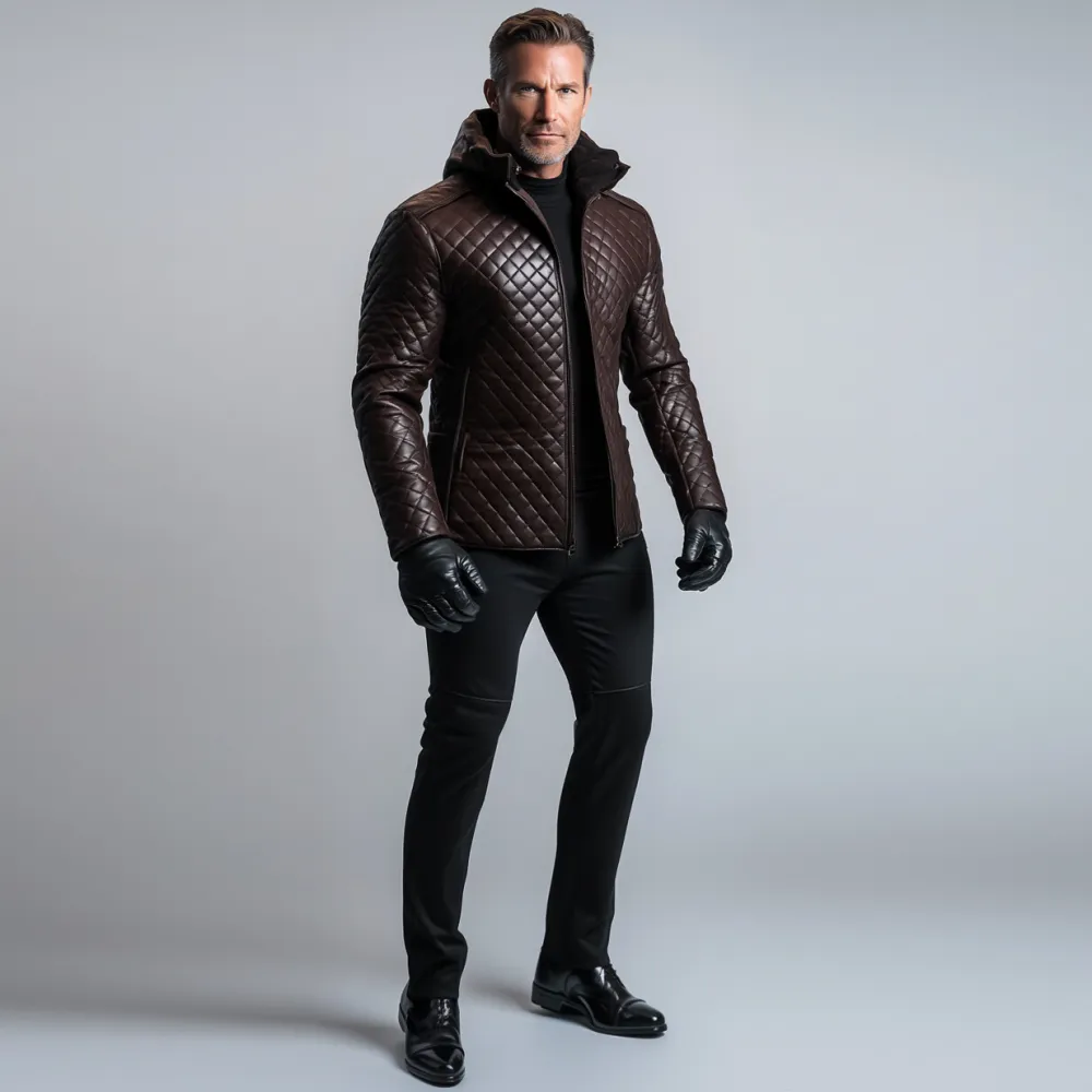 Men's PU Leather Quilted Zipper Hooded Jacket