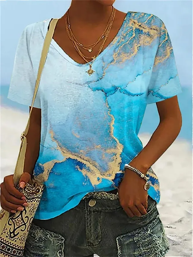 Women's T shirt Tee Graphic Abstract Print Daily Weekend Basic Neon & Bright Short Sleeve V Neck Yellow