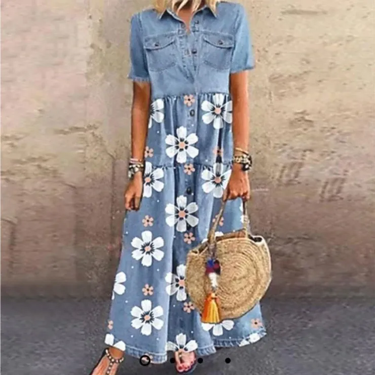 Pocket Front Blouse Floral Twofer Maxi Dress