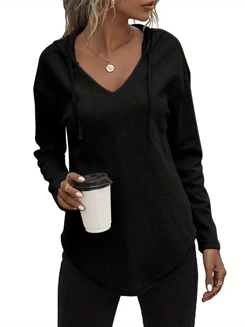 Elegant Beige Hanky Hem V-Neck Hoodie for Women