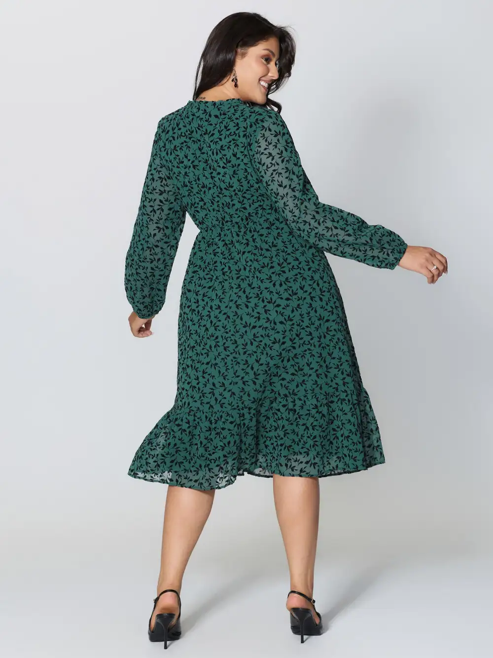 Flocked Floral Shirred Ruffled Neck Midi Dress