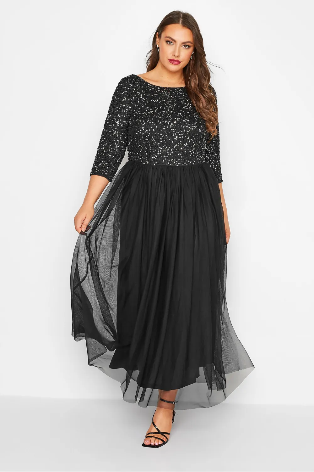 LUXE Curve Navy Blue Sequin Hand Embellished Maxi Dress