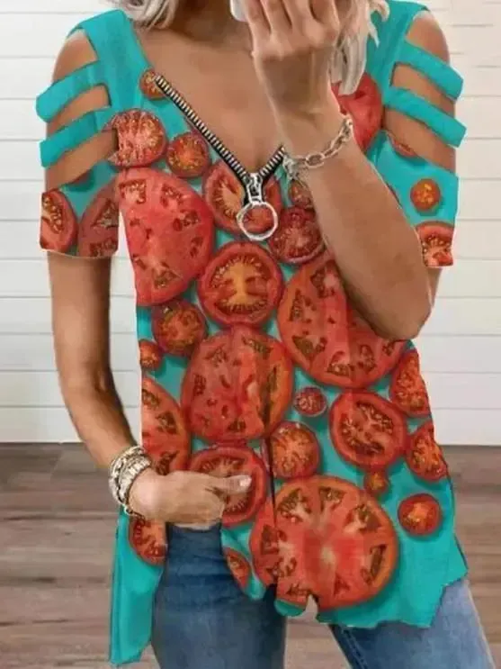 Women Short Sleeve V-neck Floral Printed Geometric Top