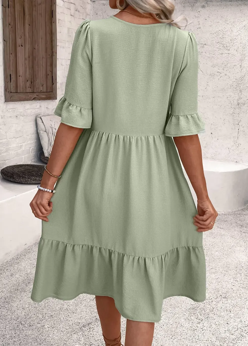 Sage Green Button A Line Half Sleeve Dress