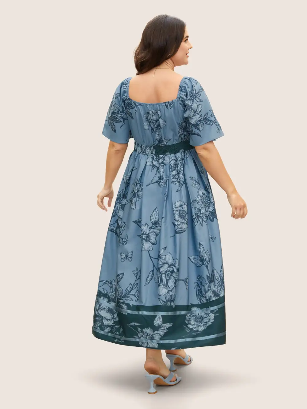 Boho Print Heart Neckline Ruffle Sleeve Maxi Dress