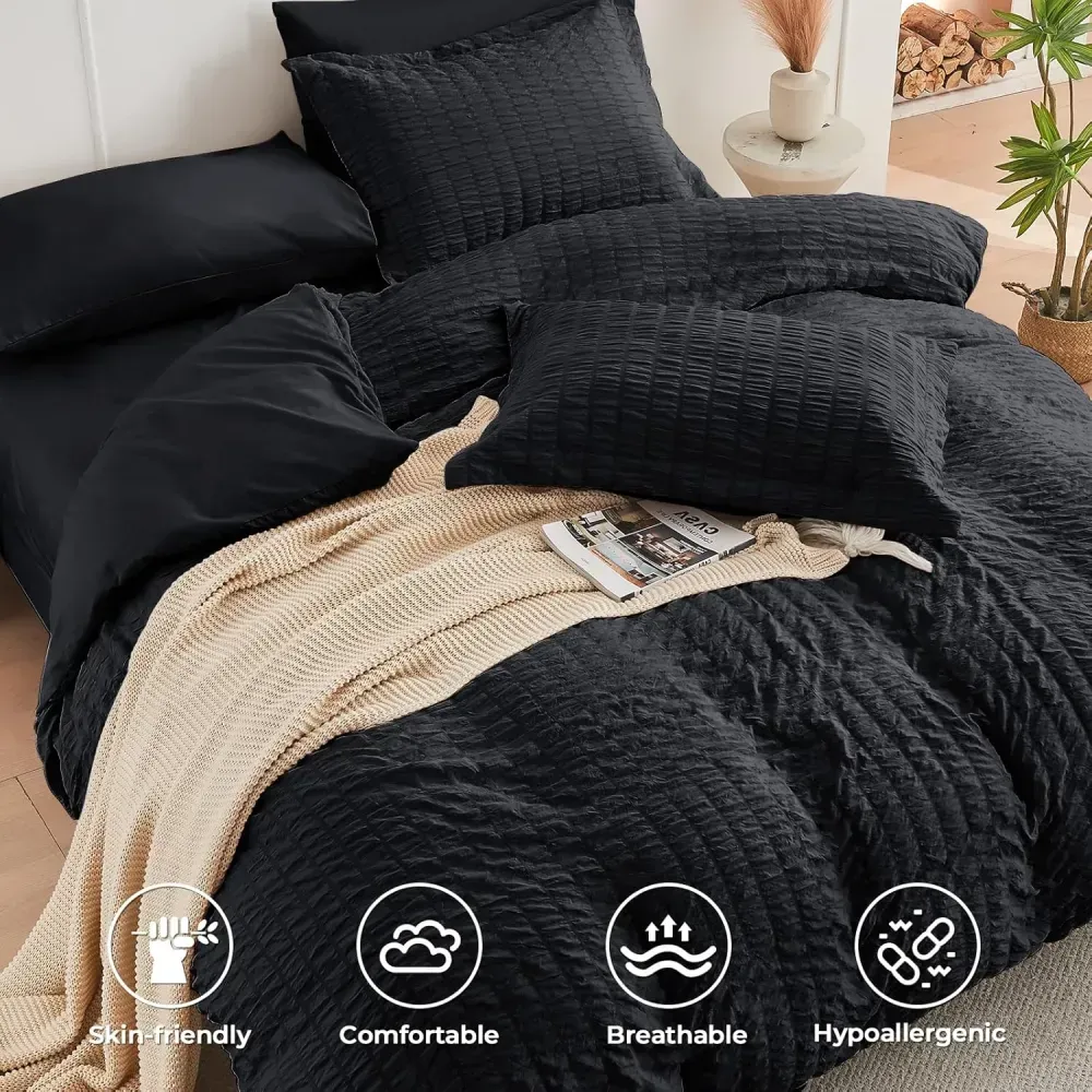Queen Comforter Set Seersucker 7 Pieces, All Season Luxury Bed in a Bag for Bedroom, Bedding Set with Comforters, Sheets, Pillowcases & Shams, Dark Grey