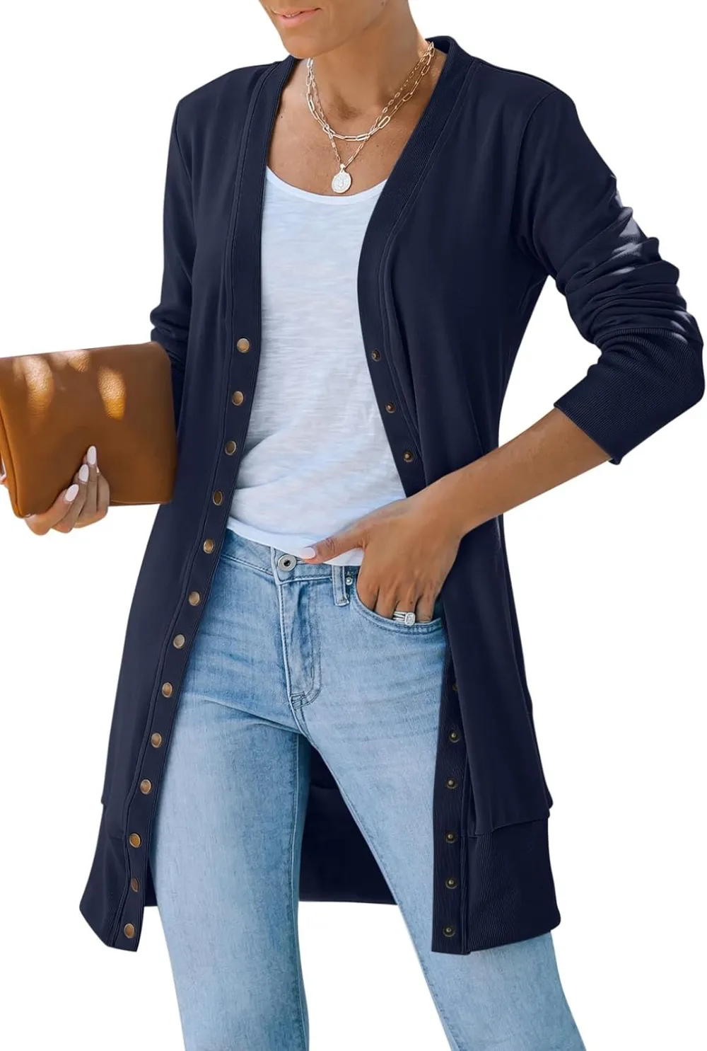 Women's 2024 Fall Long Sleeve Snap Button Down Solid Color Knit Ribbed Neckline Cardigans