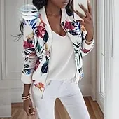 Women's Casual Jacket Comfortable Zipper Fashion Daily Modern Floral School Outdoor Vacation Home Regular Baseball Collar Regular Fit Long Sleeve Outerwear White Spring Fall