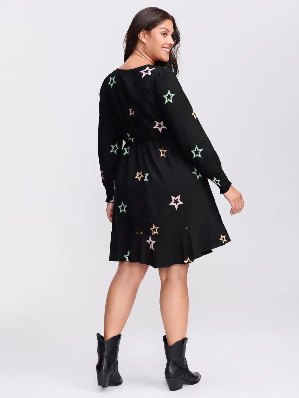 Star Embroidery Shirred Cuffs Pockets Knee-Length Dress
