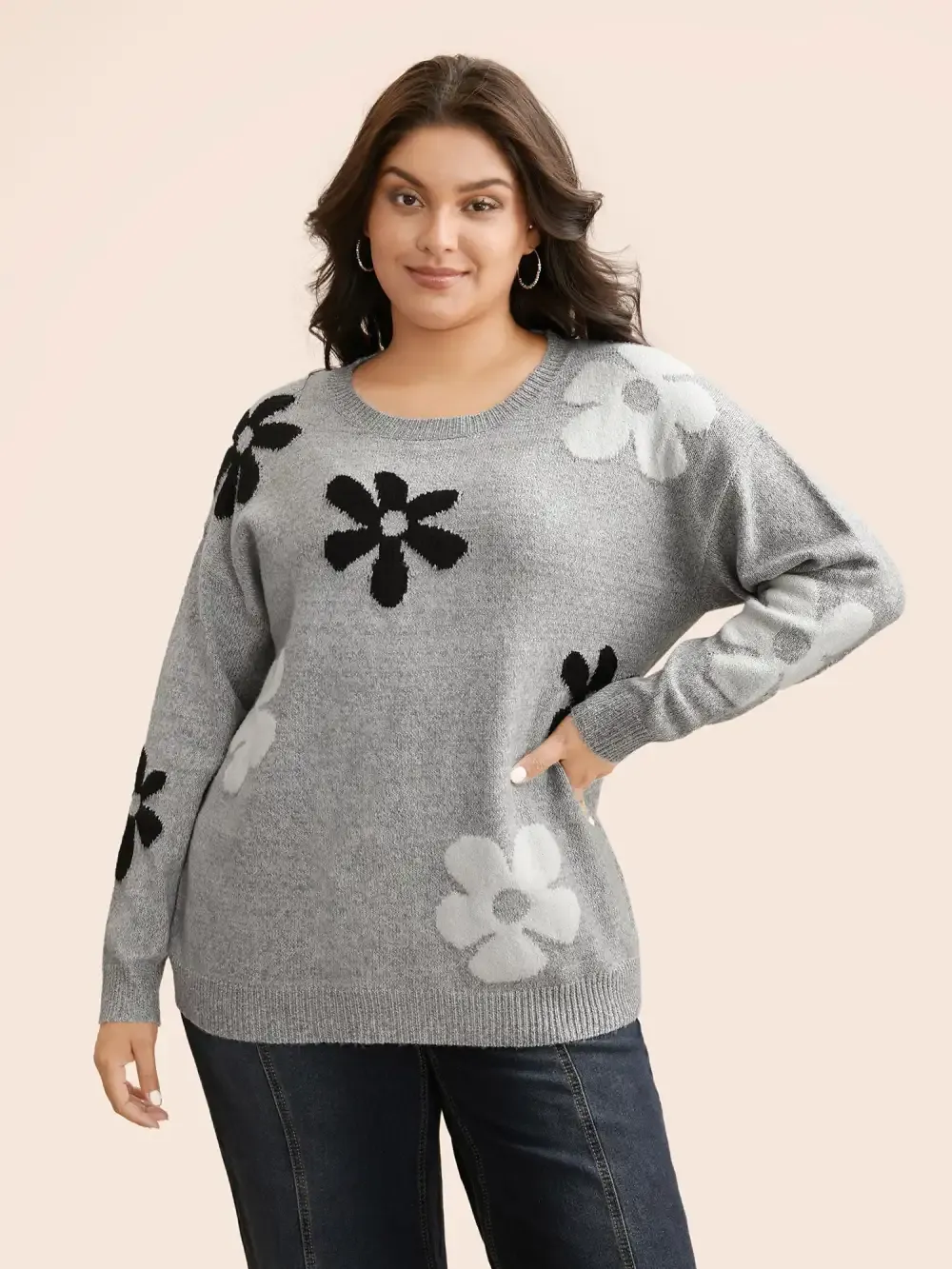 Round Neck Floral Jacquard Pullover