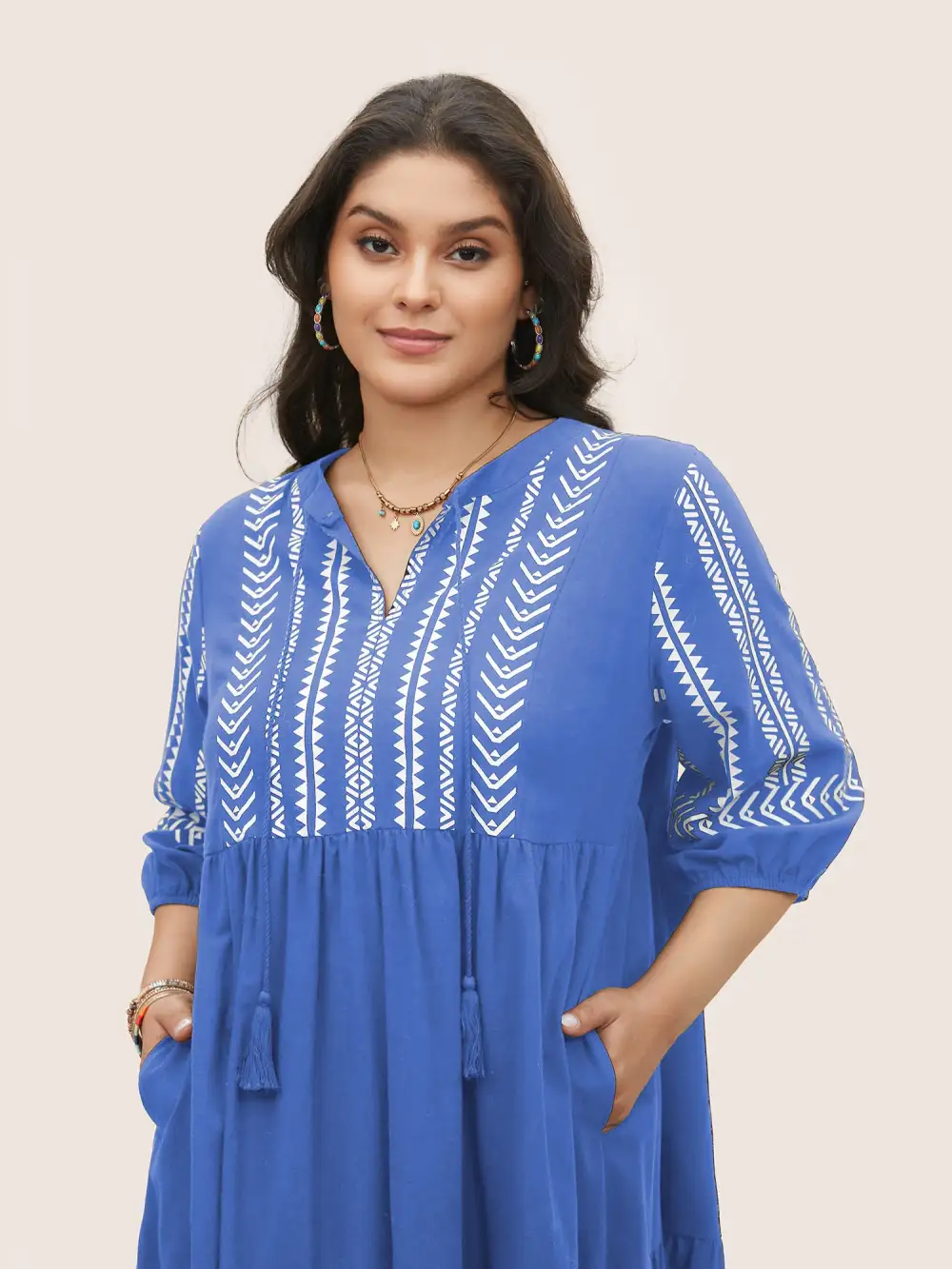 Cotton Geometric Bandana Print Tassel Trim Dress