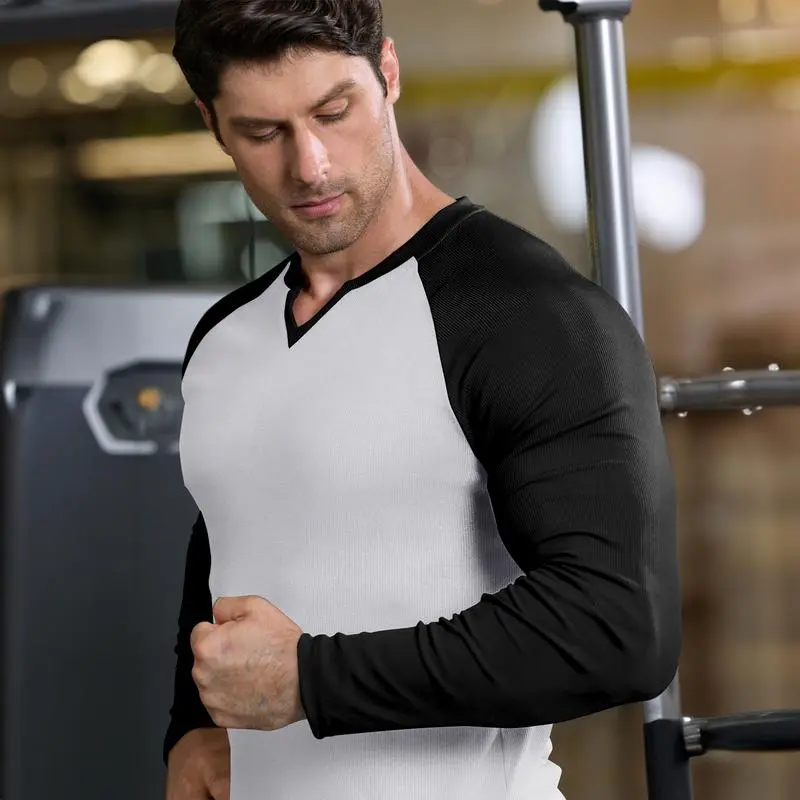Mens Long Sleeve Muscle T Shirts Casual V-Neck Longline Ribbed Tee Shirts