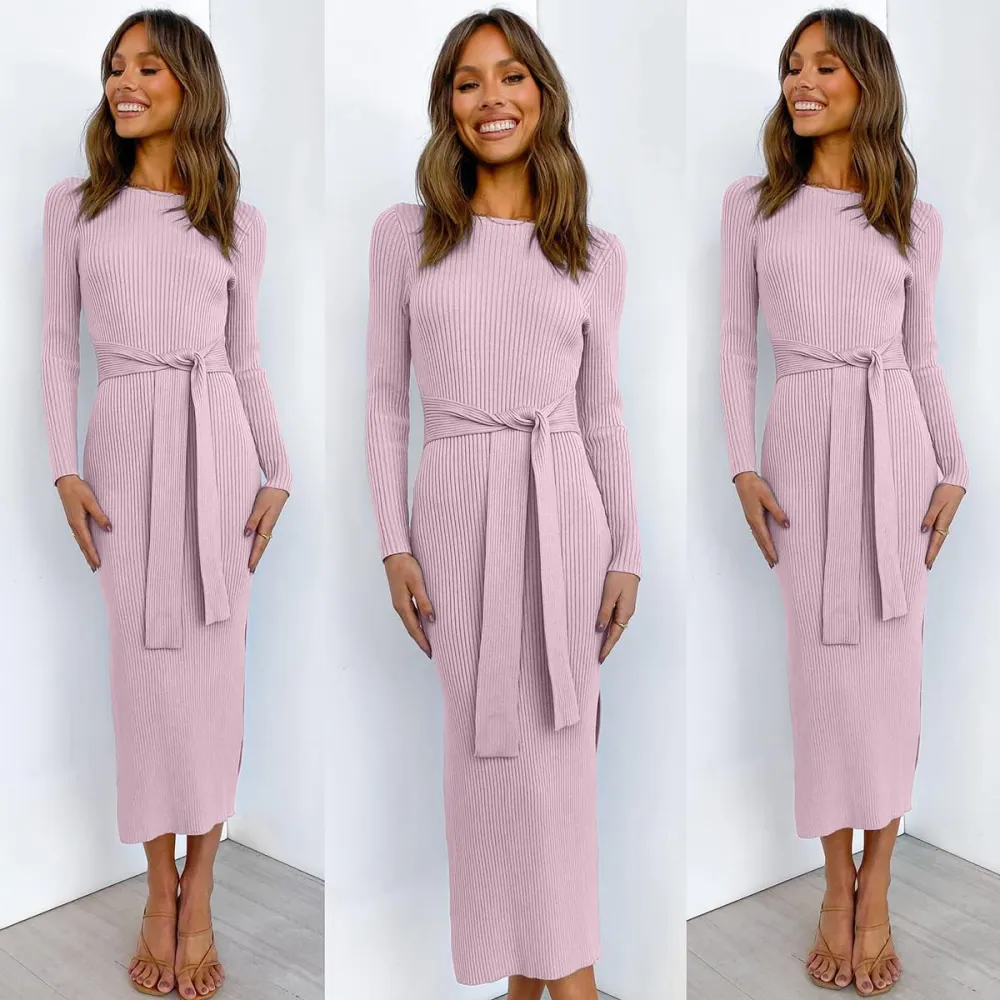 Long Sleeve Sweater Dress Crew Neck Slim Fit Slit Tie Waist 2024 Ribbed Knit Bodycon Midi Dress Fall Outfits