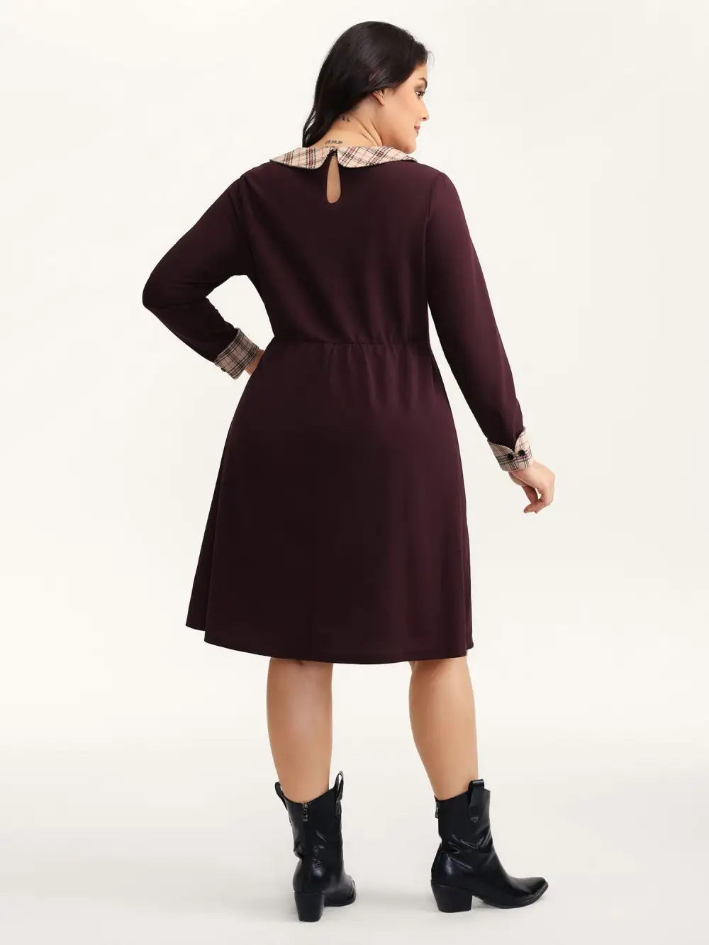 Plaid Collar Pleated Stretchy Waist Midi Dress
